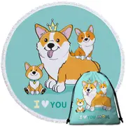 Mom and Puppies Cute Corgi Dog Family Round Beach Towel