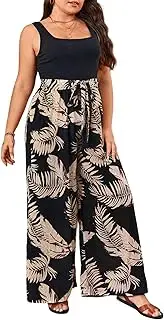 [Bdwinz] Womens Plus Size Summer Printed Jumpsuit One Piece Sleeveless Tank Top Wide Leg Long Jumpsuits with Belt, 8 Black Leaf, Large