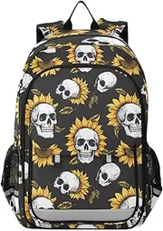 [AIXIWAWA] Kid's Travel Backpacks Sunflower Skulls Print for Boys Girls，Large Capacity Student School Bag with Breathable Mesh Reflective Strip for Age 6 Above, Multicolor, 12.9×6.7×17.7 Inches, Daypack
