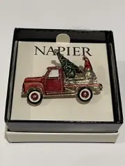 NAPIER Gold Tone Red Truck With Green Christmas Tree and Gnome Pin - New In Box