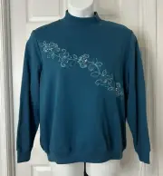 Alfred Dunner Mock Neck Pullover Top Peacock Color Embroidered Floral Design New