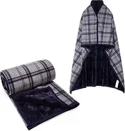 [SIVENKE] Women's Poncho Fleece Portable Blanket, Checked Lap Blanket, Comfortable Poncho, Plush Blankets, Throw Scarf, Wrap Cover, Cape with Buttons for Bed, Sofa, Office, 140 x 160 cm, Navy grey,