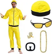 BITOYO 90s Rapper Celebrity Ali g Costume Adults Set Yellow Shell Suit Hat Black Goatee Dollar Ring Sunglasses Gold Necklace for Fancy Dress Funny Halloween Christmas Carnival Stag Do Disco