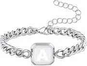 [Bellino] Initial Bracelet Gold/Silver/Black Squre A-Z Letter Cuban Link Chain Mens Bracelets Adjustable Size Stainless Steel Men Jewelry Gifts for Husband Dad Brother Son