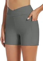 [Tournesol] Women's Swimwear Swim Shorts High Waisted Bathing Suit Swimming Suit Bottoms Cross Waist Swimsuit Boy Shorts with Pocket, Grey, Large