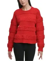 DKNY Womens Textured Stripe Pullover Sweater, Red, X-Small