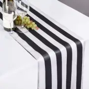 12"x108" INCH SATIN BLACK & WHITE STRIPED TABLE RUNNER CHARMEUSE PRINT SILK USA