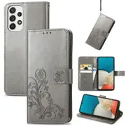 For Samsung Galaxy A73 5G Case Four Leaf Folio PU Leather Wallet Cover, Grey