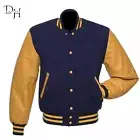 Letterman Navy Blue Wool Varsity Bomber Jacket Yellow Gold Real Leather Sleeves