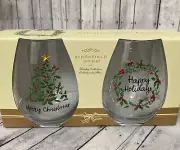 RIDGEFIELD HOME CHRISTMAS TREE AND WREATH WINE GLASSES-STEMLESS RHINESTONES!