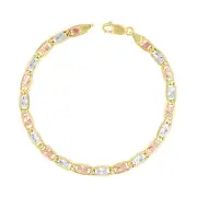 10K Solid Yellow Rose White Tri Gold 6mm Valentino Chain Womens Bracelet 7.5"