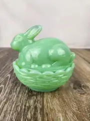 Jadeite Glass Bunny Rabbit on Nest Green Milk Glass Candy Trinket Dish with Lid