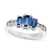 Emerald-Cut Blue Sapphire and 0.33 CT. T.W. Natural Diamond Channel Three Stone Engagement Ring in Solid 14K White Gold