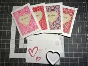 Lot 4 Handmade Cards, 5x7 Sewn Fabric, Valentines, Conversation Heart, Envelope
