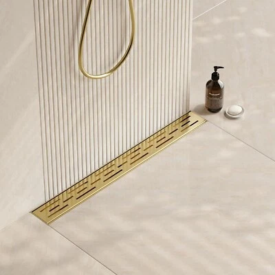 24-in Brushed Brass Rectangular Linear Shower Drain with Brickwork Pattern Grat