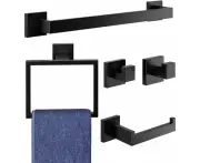 5 Pieces Bathroom Hardware Set Matte Black,304 Stainless Steel Bathroom Accessories Set,Square Towel Bar Set Wall Mounted