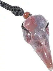 [Loveliome] Natural Crystal Stone Raven Skull Pendant Necklace Hand Carved Crow Head Charm with Adjustable Cord