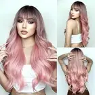 Pink Wigs for Women, Long Wavy Curly Wigs, No Lace Colored Wigs with Bangs, O...