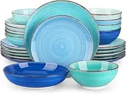 [vancasso] Bonita Dinnerware Set Blue Stoneware 24 Pieces Service for 6, Handpainted Spirals Pattern Stoneware Combination Set