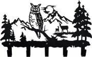 Metal Owl Coat Hooks Wall Mounted with 5 Hooks-Hangers and Key Black