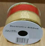 Metallic Gold & Red Colorblock Decorative Sheer Mesh Ribbon - 2 in x 9 ft