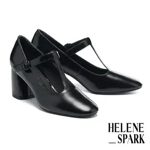 高跟鞋 HELENE_SPARK 復古時髦T字帶牛油皮方頭瑪莉珍高跟鞋－黑