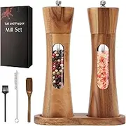 Salt and Pepper Grinder Set of 2, Wooden Refillable Manual Salt and Pepper Mills with Adjustable Ceramic Core& Acrylic Visible Window for Black Pepper Salt Spices