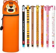 LEGAMI - Set of 7 Erasable Gel Pens + 2-in-1 Pencil Case Pen Pot - with Thermosensitive Erase Ink, Ink colours & barrel designs, 0.7mm Tip, Set 2 (Tiger)
