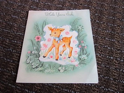 Vintage Get Well Card Deer Fawn Flowers Die Cut Doubl-Glo UNUSED Free Ship