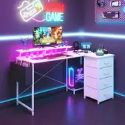 Advwin L Shaped Gaming Desk 160cm w/ LED Lights & Power Outlets Convertible Computer Desk w/ Monitor Stand & Drawer White