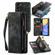 CaseMe For Samsung Galaxy A25 5G Zipper & Detachable Retro Leather Pouch Wallet Flip Purse Bag Detachable Phone Case Cover (Black)
