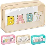 izuzta Preppy Patch Chenille Letter Clear Makeup Bags Mama Baby Pouch with Zipper Transparent PVC Waterproof Glitter Travel Toiletry Storage for Women Girls, BABY-Beige