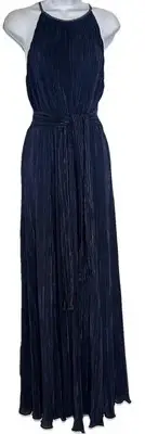 NWT DKNY Beaded Halter-Neck Belted Micro-Pleated Gown Navy Grecian Formal Maxi 6