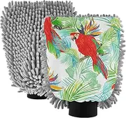 Wash Mitts for Car Washing Microfiber Absorbent Chenille Sponge Car Cleaning Kit Mitts Scratch-Free Red Parrots Lush Tropical Plants, Large x 2 Pack