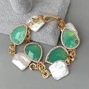 LAnGSHAW Natural White Rectangle Keshi Pearl Bezel Set Green Crystal Chain Bracelet