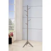 Benjara Free Standing Wooden Coat Rack with Six Hooks and Tripod Base, Gray