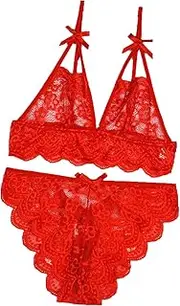 [DGKaxiyaHM] Women Lace See Through Two Piece Floral Lingerie Teddy Sexy Flower Bra and Panty Sets Cutout Backless Bikini Suit