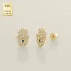 14K REAL Solid Gold Baby Hamsa Sapphire Blue Diamond CZ Stud Earrings Screw back