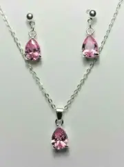 Pink teardrop pendant + earring studs, glass, 17" + 2" silver chain, gift box