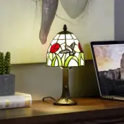 Tiffany Style mini Table Lamp-Stained Glass Hummingbird with Tulip Design Tab...