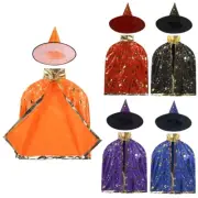 Kids Children Halloween Clothws Outfit Witch Wizard Cloak Cape Hat Cosplay Set