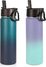 Volhoply Insulated Water Bottles with Straw Bulk 2 Pack, 22 oz Stainless Steel Sports Bottle with Handle Lid,Double Walled Metal Water Thermos with Wide Mouth,Reusable Cold Water Flask(Assorted,2 Set)