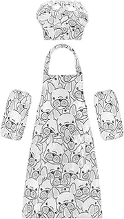 AIXIWAWA Kids Apron Chef Hat Set, Child Kitchen Bib Aprons Adjustable for Cooking Baking Painting (Cute Bulldog)