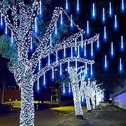 Outdoor Meteor Shower Rain Lights, Indoor 8 Tube 144 LEDs Outdoor Christmas String Light, Solar Powered Waterproof Snow Falling Raindrop Icicle Cascading Decoration Lights for Party Garden Home (Blue)