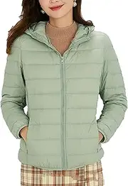 [JEShifangjiusu] Women's Lightweight Plumon Jacket with Long Sleeve Hat with Chain Winter Coat Fully Foldable Warm Short Plumon Coat, Green 2, 3XL