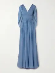 [Elie Saab] Elie Saab - Cape-effect Pleated Silk-georgette Gown - Blue - FR 40 FR 40 Blue