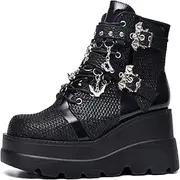 [Gothniero] Platform Goth Ankle Boots for Womem Black Holographic Combat Chunky Heel Boots with Side Zip Lace Up Wedge Booties US5.5-11