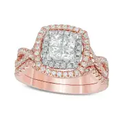 Previously Owned - 1.0 CT. T.W. Quad Princess-Cut Natural Diamond Double Frame Twist Bridal Engagement Ring Set in Solid 14K Two-Tone Gold