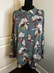 NWT Motto Plus Size Blue Floral Long Sleeve Button Up Poly Blend Tunic Top 20W