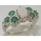 Solid English 14K White Gold Womens Large Opal & Emerald Art Nouveau Ring